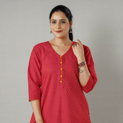 Red - Jacquard Cotton Long Straight Kurta