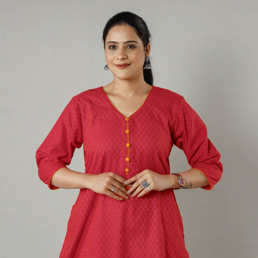 Red - Jacquard Cotton Long Straight Kurta