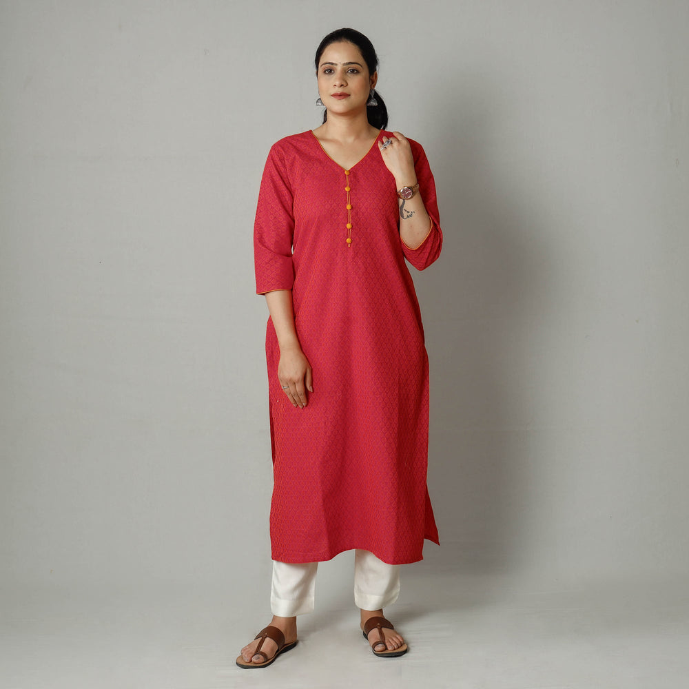 Red - Jacquard Cotton Long Straight Kurta