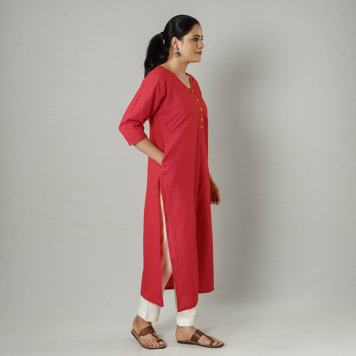 Red - Jacquard Cotton Long Straight Kurta