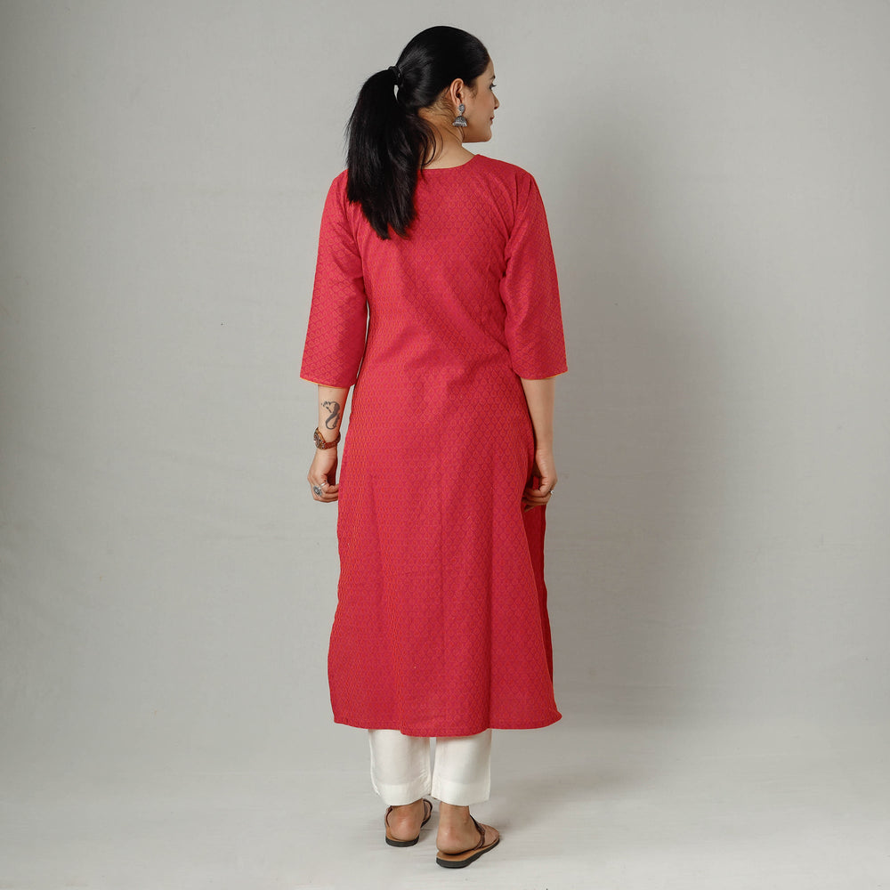 Red - Jacquard Cotton Long Straight Kurta