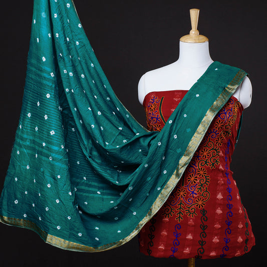 Red - 3pc Kutch Bandhani Tie-Dye Cotton Suit Material Set