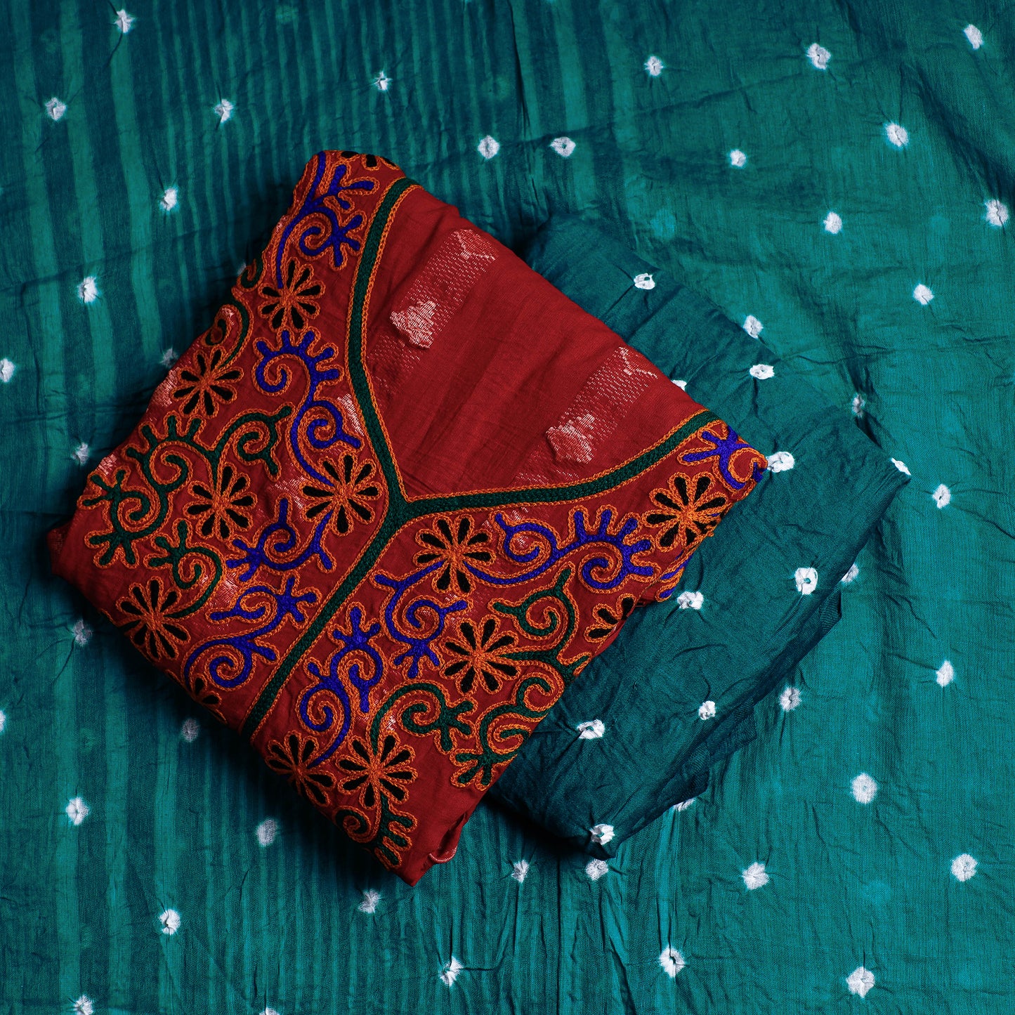 Red - 3pc Kutch Bandhani Tie-Dye Cotton Suit Material Set