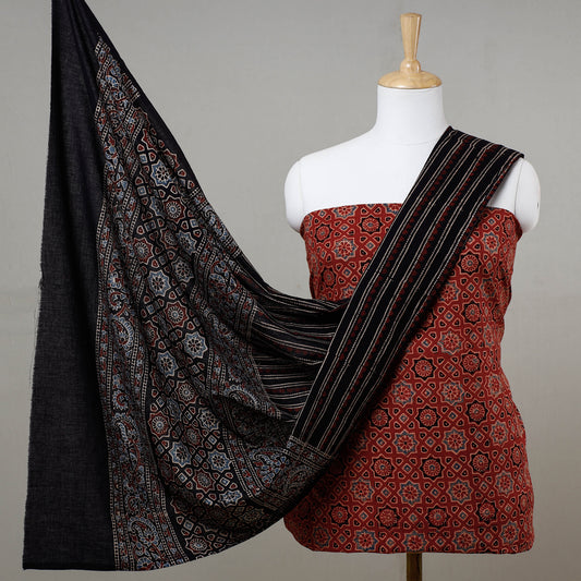 Red - 3pc Ajrakh Block Printed Cotton Suit Material Set