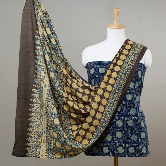 Blue - Sufiyan Khatri Ajrakh Block Printed Cotton 3pc Suit Material Set