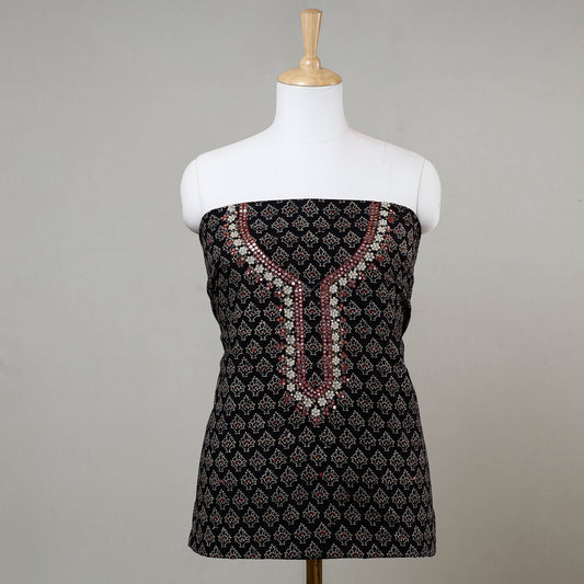 Black - Bead & Mirror Work Embroidery Ajrakh Block Printed Cotton Kurti Material - 2.5 metres