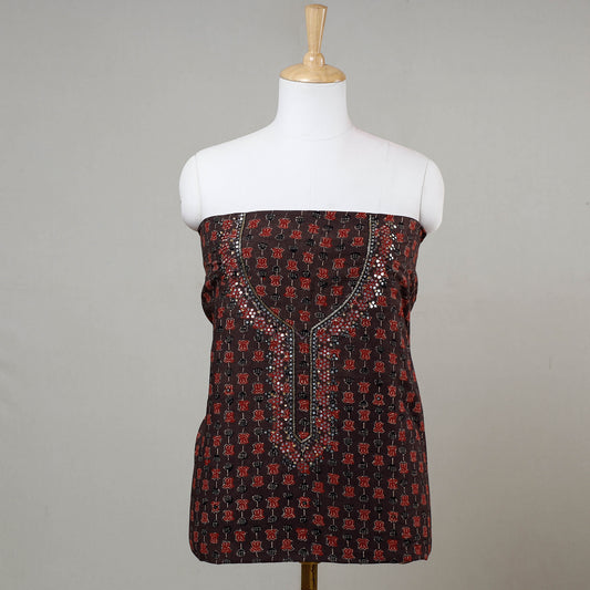 Brown - Bead & Mirror Work Embroidered Ajrakh Block Printed Cotton Kurti Material - 2.4 metres