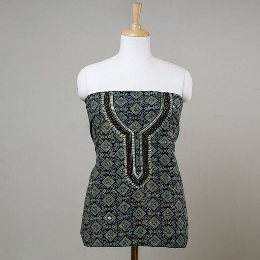 Green - Bead & Thread Work Hand Embroidery Ajrakh Block Print Cotton Kurti Material - 2.6 meters