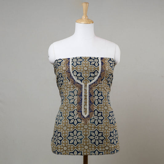 Brown - Bead & Mirror Work Embroidery Ajrakh Block Printed Cotton Kurti Material - 2.6 meters