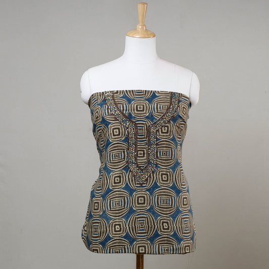 Blue - Bead Work Embroidery Ajrakh Print Cotton Kurta Material - 2.5 meters