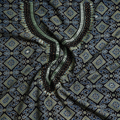 Green - Bead & Thread Work Hand Embroidery Ajrakh Block Print Cotton Kurta Material - 2.6 meters