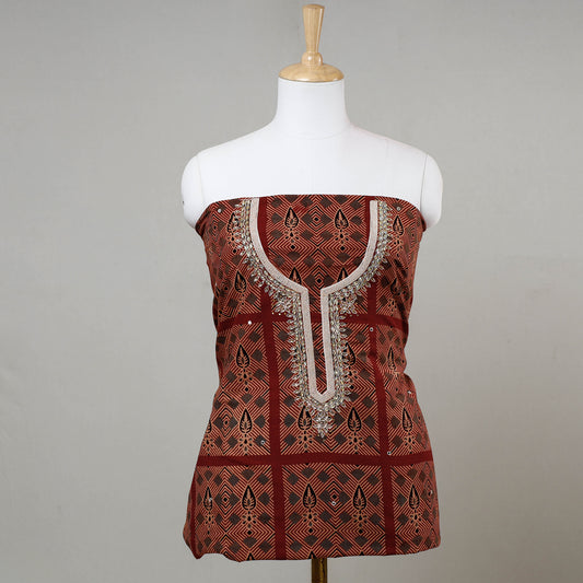Brown - Bead Work Embroidery Ajrakh Print Cotton Kurta Material - 2.45 meters
