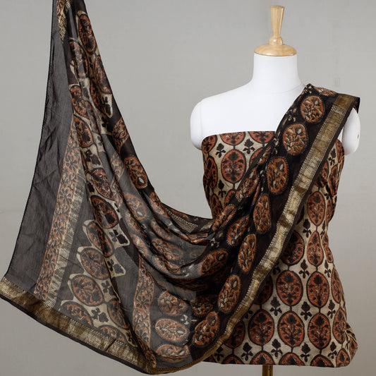 Brown - 2pc Bagru Ajrakh Dabu Hand Block Print Maheshwari Silk Suit Material Set with Zari Border