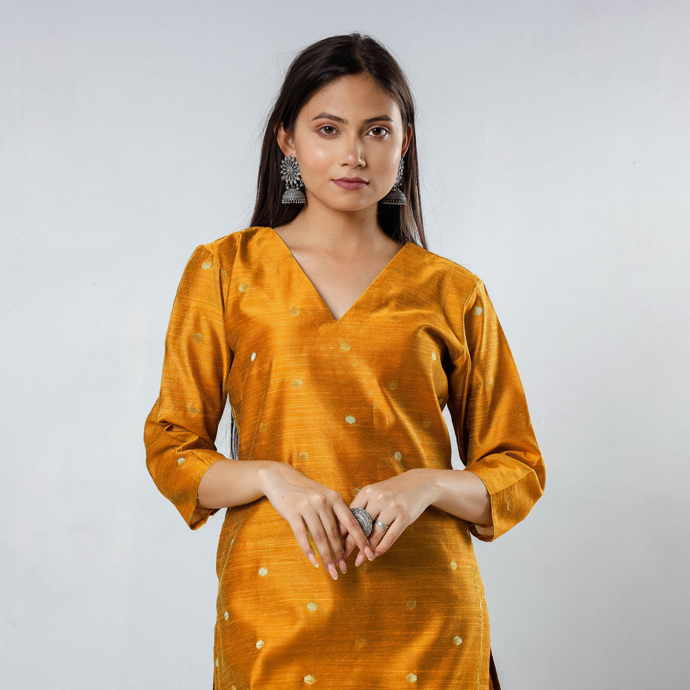 Yellow - Polka Zari Butta Spun Dupion Silk Long Straight Kurta 03