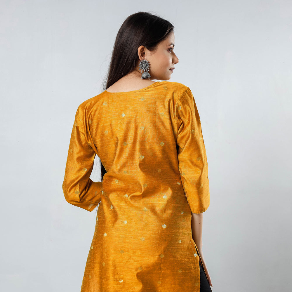 Yellow - Polka Zari Butta Spun Dupion Silk Long Straight Kurta 03