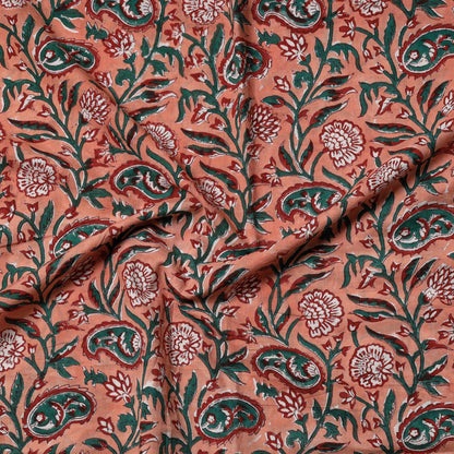Orange - Sanganeri Block Printed Cotton Precut Fabric (1 meter)