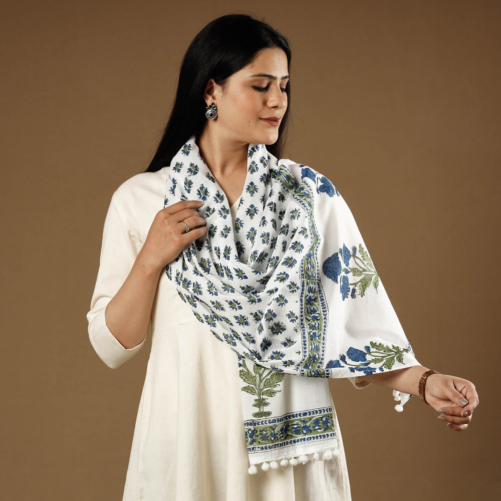 White with Blue Flowers Sanganeri Block Printed Cotton Stole with Tassels