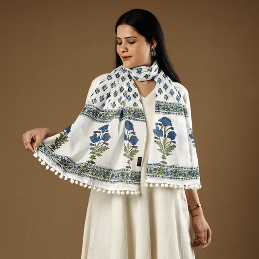 White with Blue Flowers Sanganeri Block Printed Soft Cotton Stole with Tassels