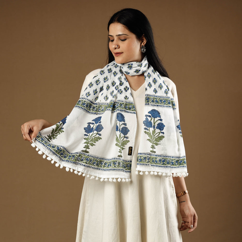 White with Blue Flowers Sanganeri Block Printed Cotton Stole with Tassels