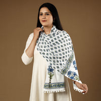 White with Blue Flowers Sanganeri Block Printed Cotton Stole with Tassels