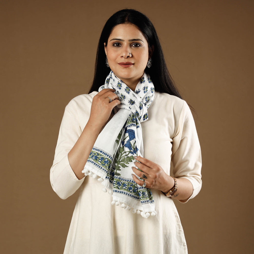 White with Blue Flowers Sanganeri Block Printed Cotton Stole with Tassels