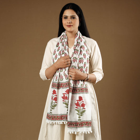 Pink - White & Red Gulshan Bagh Flowers Sanganeri Block Printed Cotton Stole with Tassels