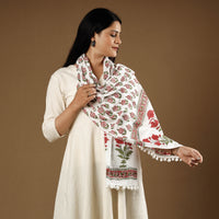 Pink - White & Red Gulshan Bagh Flowers Sanganeri Block Printed Cotton Stole with Tassels