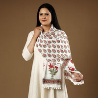 Pink - White & Red Gulshan Bagh Flowers Sanganeri Block Printed Cotton Stole with Tassels