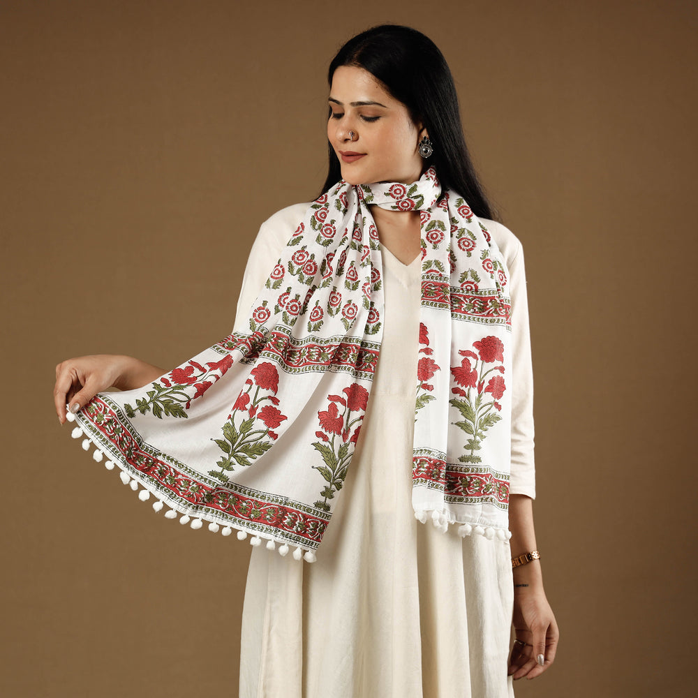 Pink - White & Red Gulshan Bagh Flowers Sanganeri Block Printed Cotton Stole with Tassels