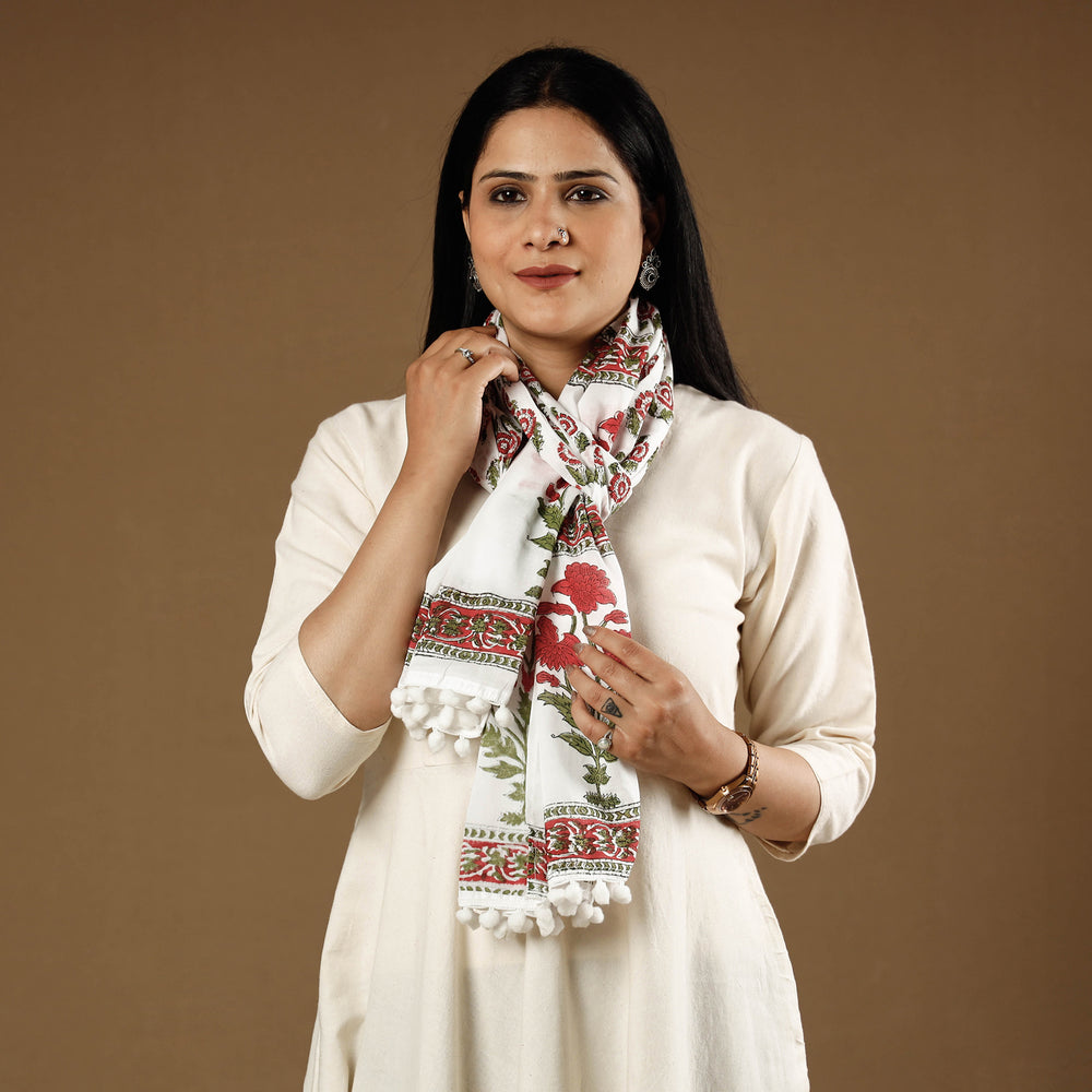 Pink - White & Red Gulshan Bagh Flowers Sanganeri Block Printed Cotton Stole with Tassels