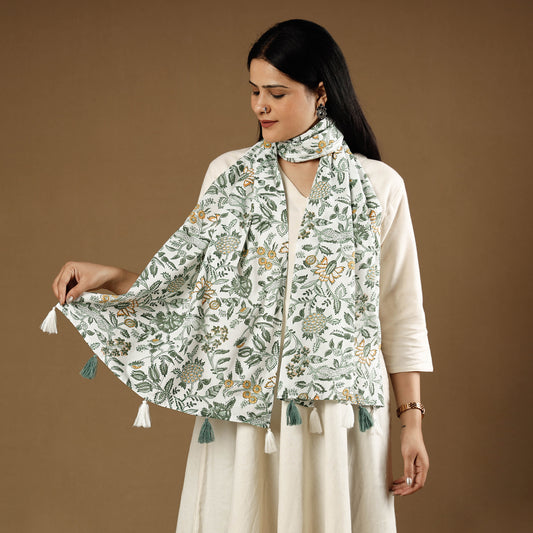 Marigold Green & White Flowers Sanganeri Block Printed Cotton Stoles With Tassels