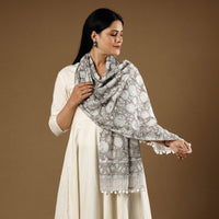 Mughal Buti Grey & White Flowers Sanganeri Block Printed Cotton Stole with Tassels