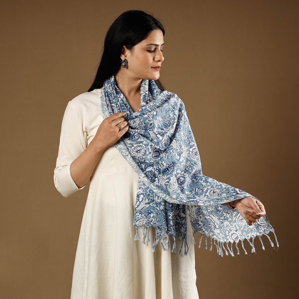 Blue - Sanganeri Block Print Cotton Stole with Tassels 07