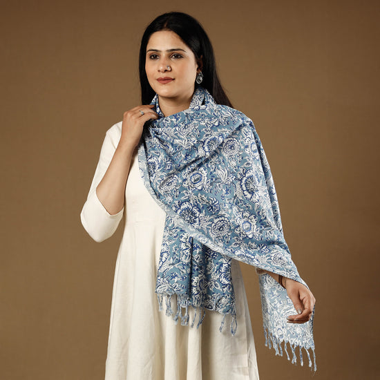 Blue - Sanganeri Block Print Cotton Stole with Tassels 07