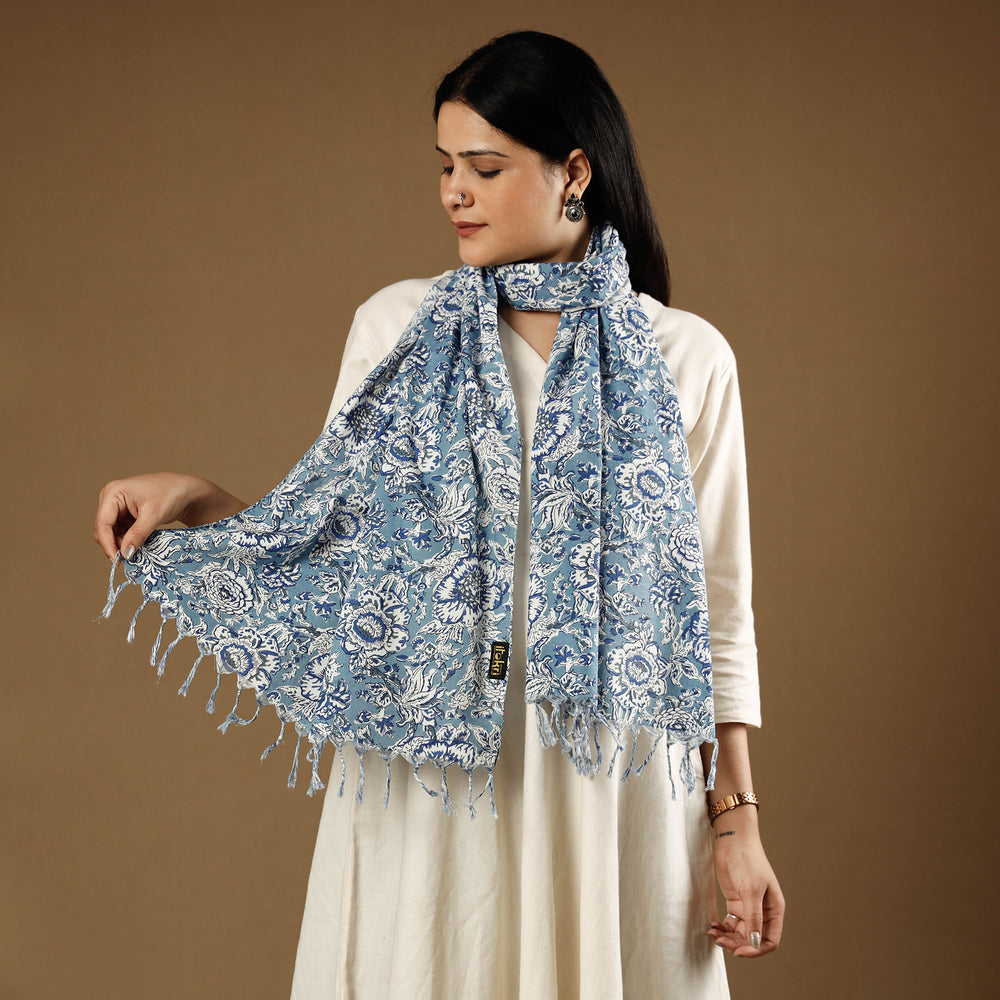 Blue - Sanganeri Block Print Cotton Stole with Tassels 07