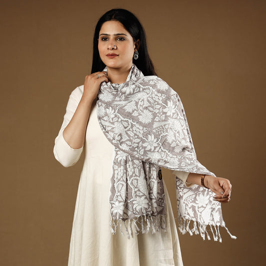 Chidiya Butti Grey with White Sanganeri Block Printed Cotton Stoles With Tassels