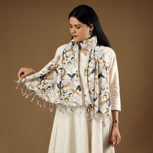 Multicolor - White With Yellow Flowers Sanganeri Block Printed Cotton Stole With Tassels