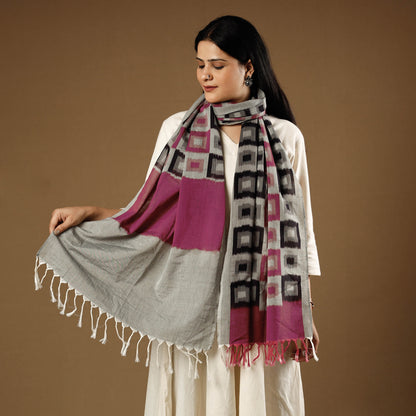 Multicolor - Pochampally Ikat Cotton Stole with Tassels