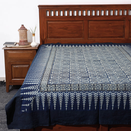 Blue - Ajrakh Block Printed Cotton Single Bed Cover (90 x 60 in)