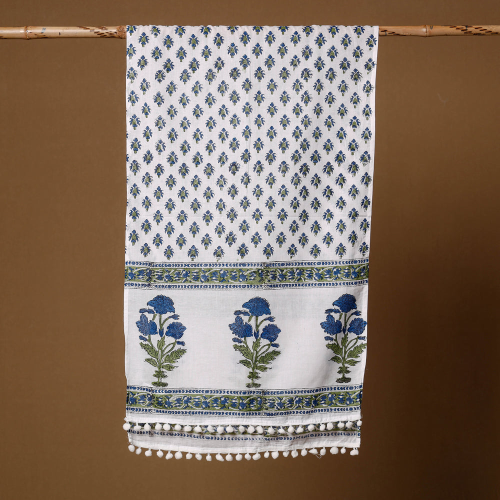 White with Blue Flowers Sanganeri Block Printed Cotton Stole with Tassels