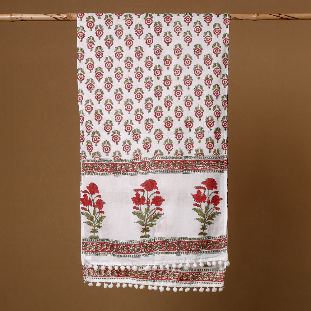 Pink - White & Red Gulshan Bagh Flowers Sanganeri Block Printed Cotton Stole with Tassels