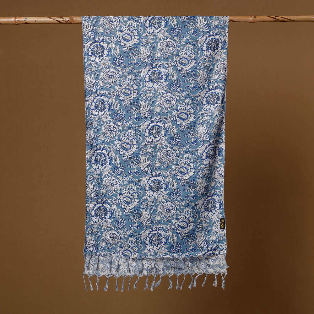 Blue - Sanganeri Block Print Cotton Stole with Tassels 07