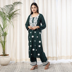 Dark Green Chikankari Embroidery Rayon Cotton Kurta with Pant Set