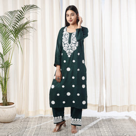 Dark Green Chikankari Embroidery Rayon Cotton Kurta with Pant Set