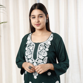 Dark Green Chikankari Embroidery Rayon Cotton Kurta with Pant Set