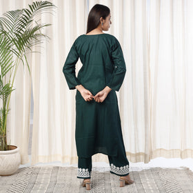 Dark Green Chikankari Embroidery Rayon Cotton Kurta with Pant Set