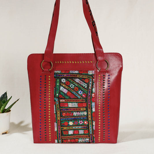 Red - Handcrafted Kutch Jat  Embroidery Leather Shoulder Bag