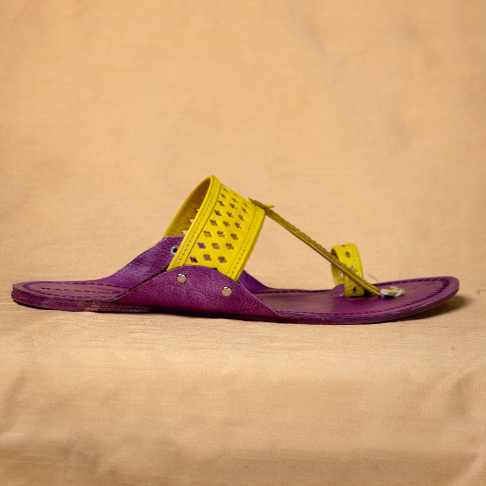 Purple & Yellow - Men Strut in Style: Classic Kolhapuri Leather Slippers