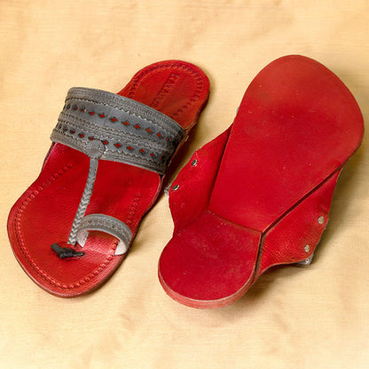 Red & Grey - Men Walk with Confidence: Classic Kolhapuri Leather Slippers