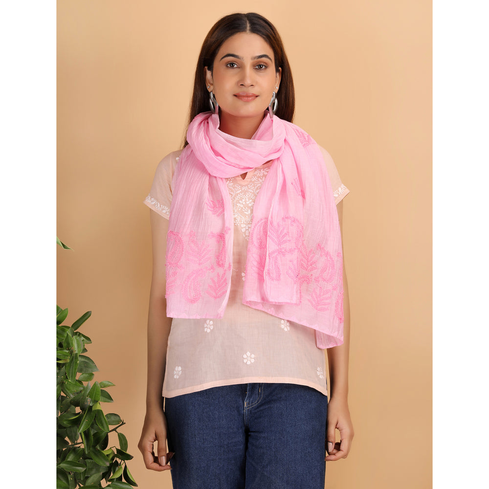 Shwet Women Pink Chikankari Chanderi Stole